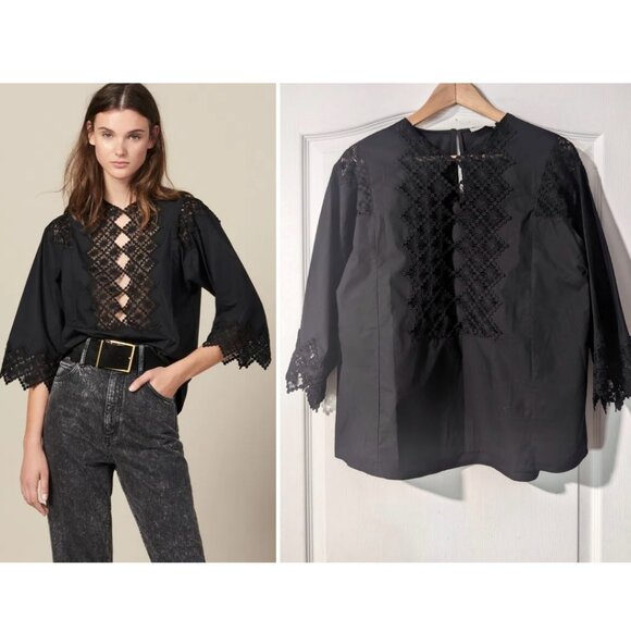 NEW! Sandro Paris | Black top with Guipure Lace Inserts - Picture 1 of 14
